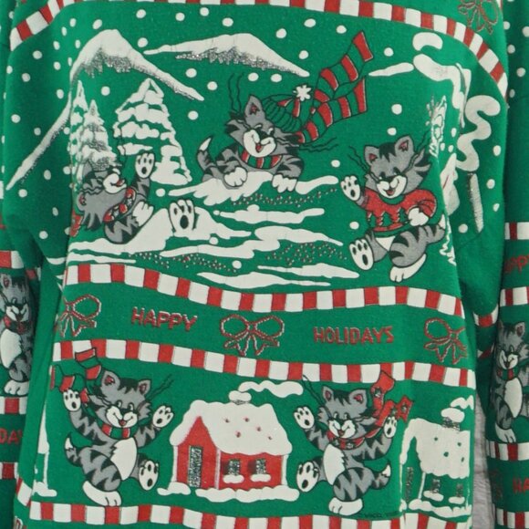 Vintage 80s Christmas Holiday Cats Pullover Sweatshirt - Picture 2 of 7